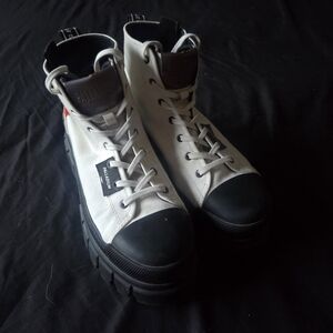 Palladium White Canvas Platform High-Top Boots with Black Toe